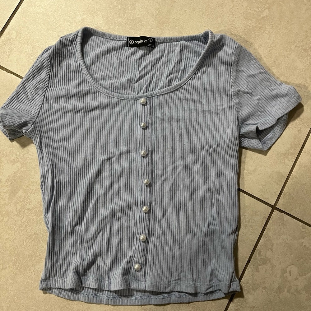 Blue shirt with purl beads